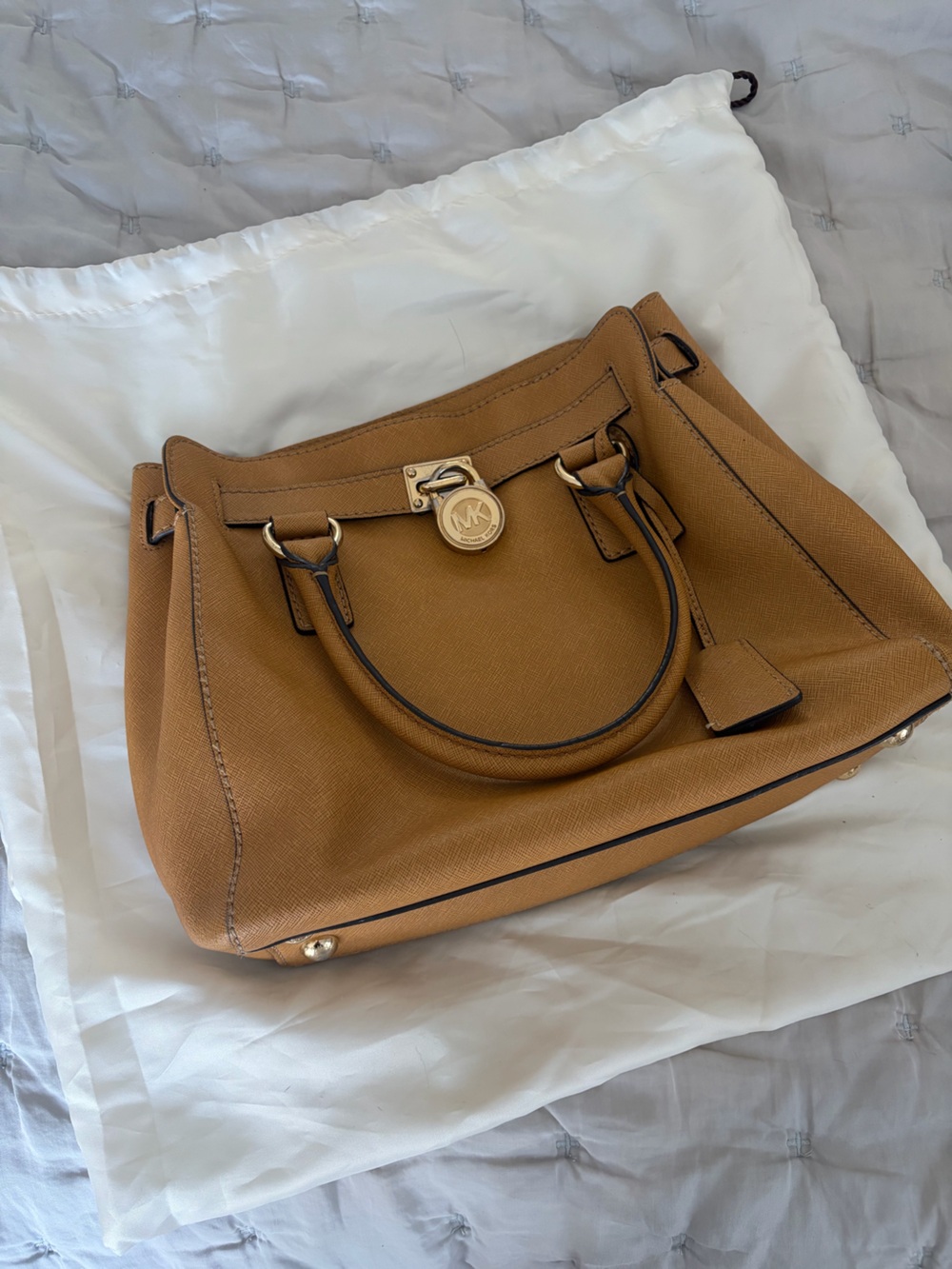 Michael Kors Cognac Saffiano Leather Satchel with Gold Accent